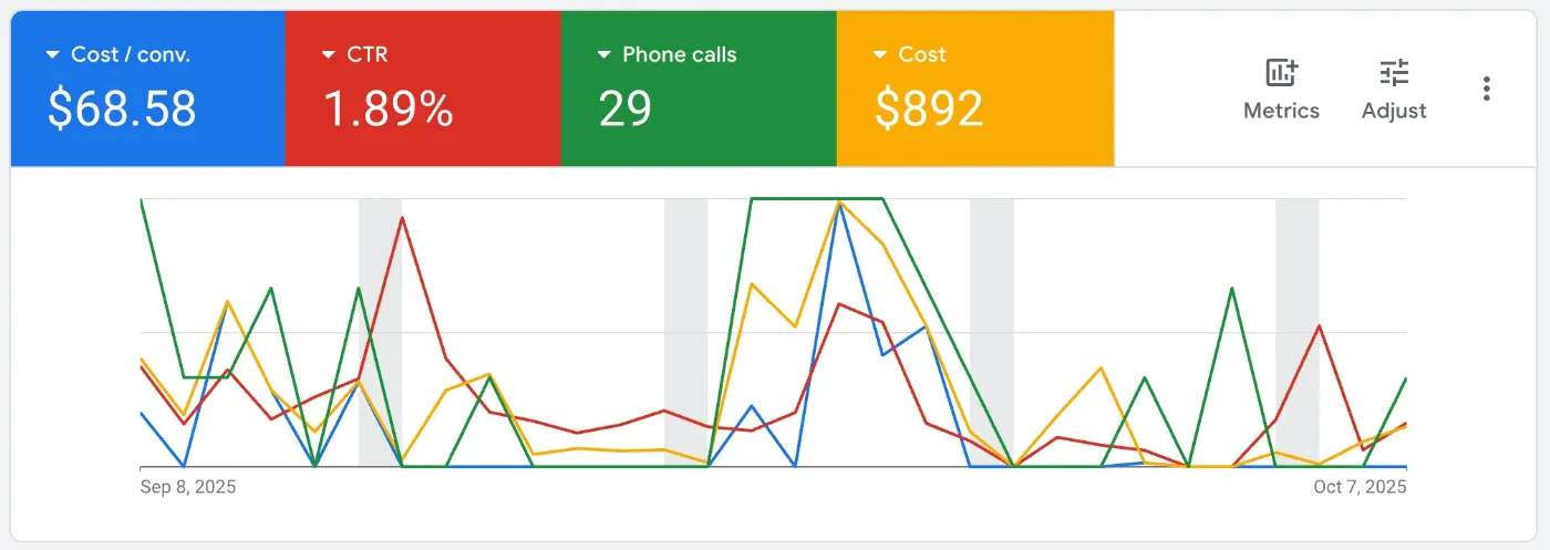 Google Ads result for Local services: 29 phone calls